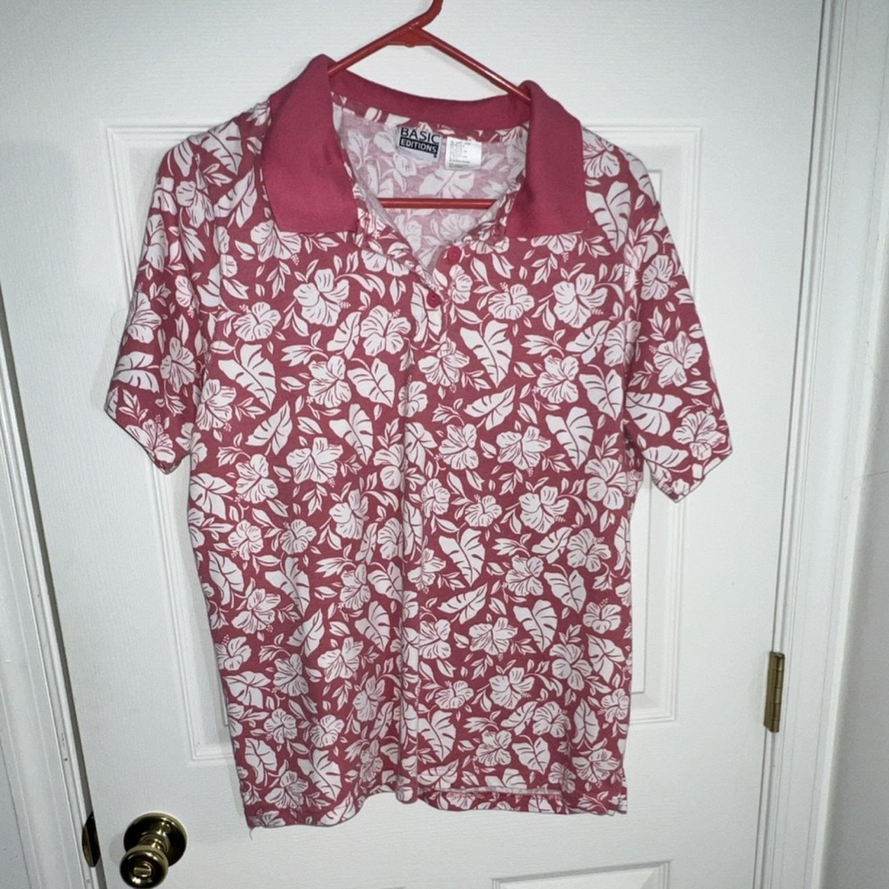 Vintage Basic Editions Pink Hibiscus Floral Polo Shirt XL Made in USA Tropical